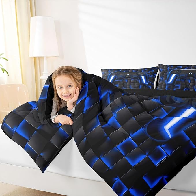 Erosebridal Gamer Full Comforter Set for Boys Blue Gaming Kids Bedding Set Geometric Game Console Comforter for Teen Video Game Room Decor 3 Piece Neon Lights Gamepad Lightweight Bed Comforter Set