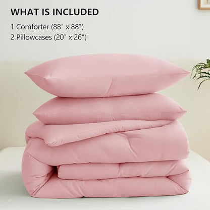 CozyLux Queen Comforter Set Pink, 3 Pieces Solid Comforters Queen Size Breathable Quilted Bedding Sets, Luxury Soft Lightweight Bed Set with Down Alternative Comforter and 2 Pillowcases All Seasons