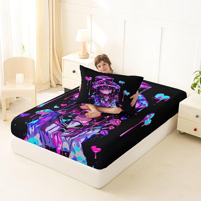 Erosebridal Mushroom Girl Fitted Sheet Twin 3D Japanese Girly Bed Sheets for Boys Girls Watercolor Graffiti Bed Set Cute Anime Gifts Sheets with 1 Pillowcase
