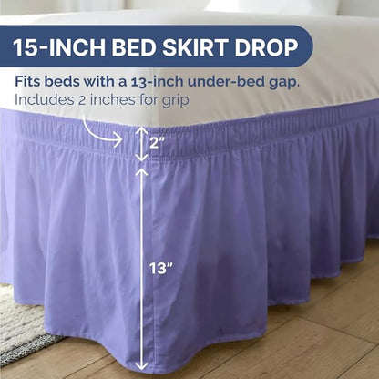 Wrap Around Dust Ruffle Bed Skirt - Lavender - for Queen Size Beds with 15 Inch Drop - Elastic Strap - Adjustable Pleated Bedskirt with Brushed Fabric and Wrinkle Free - for Women, Men, Kids & Teens