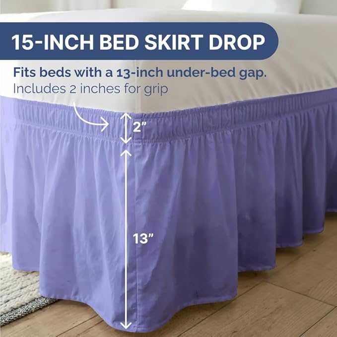 Wrap Around Dust Ruffle Bed Skirt - Lavender - for Full Size Beds with 15 Inch Drop - Easy Fit Elastic Strap - Adjustable Pleated Bedskirt w/Brushed Fabric Wrinkle Free - for Women, Men, Kids & Teens