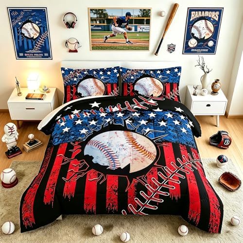 HOSIMA American Flag Baseball Comforter Set Full with 2 Pillowcases.