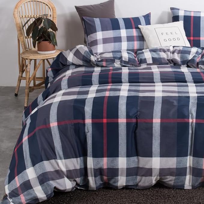 CLOTHKNOW Blue Plaid Twin Comforter Set 3Pcs Tartan Buffalo Bedding Comforter Sets Soft Geometric Grid Comforter with 2 x Pillow Cases