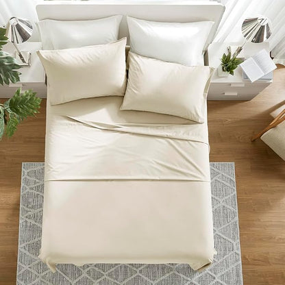 Comfort Spaces 100% Cotton Sheets Cal King, Breathable & Soft Cotton Sheets, Naturally Cool Cotton Bed Sheets with 14" Elastic Pocket Fits up to 16" Mattress, All Seasons Sheet Set, Cream 4 Piece