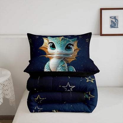 Feelyou Dragon Comforter Set Toddler Size Dragon Stuff Comforter for Boys Girls Teens Wild Life Bedding Set Dragon Decor Duvet Set Room Decor Navy Blue Quilt Set