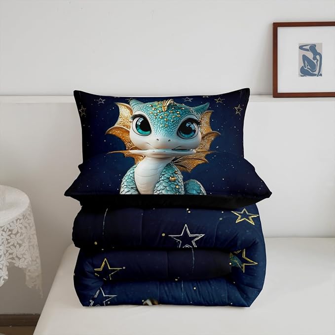 Feelyou Dragon Comforter Set Queen Size Dragon Stuff Comforter for Boys Girls Teens Wild Life Bedding Set Dragon Decor Duvet Set Room Decor Navy Blue Quilt Set