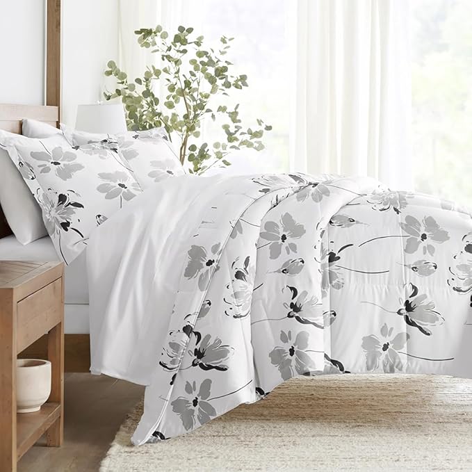 LINENS & HUTCH Comforter Set Patterned Microfiber All Season Down-Alternative Ultra Soft Bedding in Magnolia - Full/Queen Magnolia Light Gray