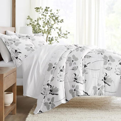 LINENS & HUTCH Comforter Set Patterned Microfiber All Season Down-Alternative Ultra Soft Bedding in Magnolia - Full/Queen Magnolia Light Gray