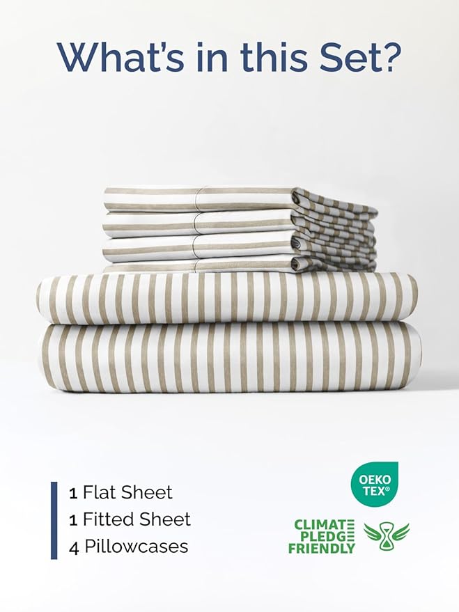 Extra Deep Full Sheet Set - 6 Piece Breathable and Cooling Sheets - Hotel Luxury Bedding for Women, Men, Kids & Teens - Easy Secure Fit - Soft and Wrinkle Free with Extra Deep Pockets - Beige Stripes
