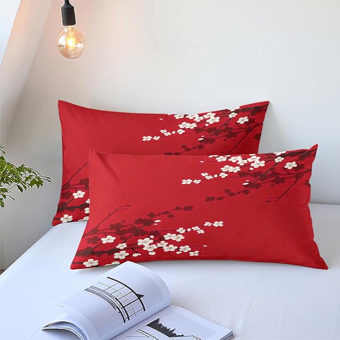 Red Oriental Comforter Set King Size Japanese Style Cherry Blossom Bedding Set for Girls Kids Teens 3 Pieces Asian Vintage Floral Bedding Soft Lightweight Comforter with 2 Pillowcases