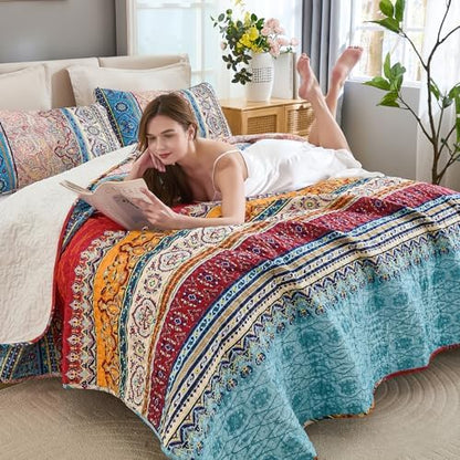 WONGS BEDDING Boho Quilt Queen Size,3 Pieces Soft Blue Stripe Bedding Set