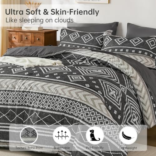 Yiran Boho Comforter Set King Size, 7 Pieces Aztec Grey Bed in a Bag