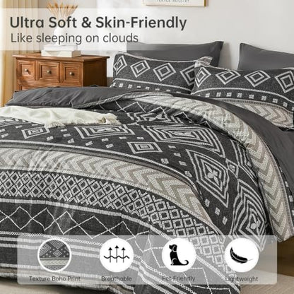 Yiran Boho Comforter Set Queen Size, 7 Pieces Aztec Grey Bed in a Bag