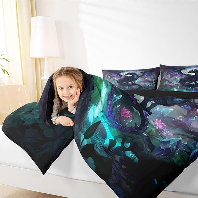 Feelyou Dragon Comforter Set Full Size Dragon Stuff Bedding Set for Kids Boys Girls Wild Life Duvet Quilt Magic Wildlife Bedroom Decor Black Purplish 3 Pcs with 2 Pillow Cases