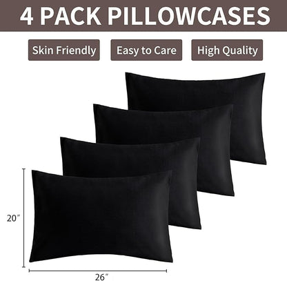 MINIPANDA Black Pillow Cases Standard Size Set of 4 - Super Soft, Smooth and Breathable Standard Pillow Cases- Envelope Design - Machine Washable Lightweight (20X26 Inches (4 Piece))