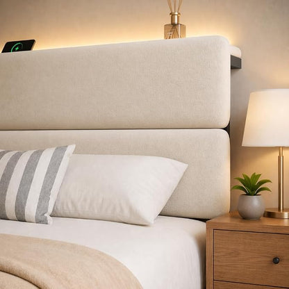 Queen Bed Frame with 2 Storage Drawers, Beige Velvet Upholstered | Platform Bed with Charging Ledge, LED Headboard Lighting, Metal Support, Noise Free, No Box Spring Needed, Easy Assembly