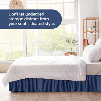 Wrap Around Dust Ruffle Bed Skirt - Navy Blue - for King Size Beds w/ 14 Inch Drop - Easy Fit Elastic Strap - Adjustable Pleated Bedskirt with Brushed Fabric, Wrinkle Free Women, Men, Kids and Teens