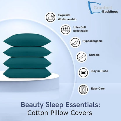 Comfort Beddings Queen Pillowcases Set of 4 – 100% Organic Cotton, 600 Thread Count Sateen, Soft & Comfy Pillow Covers with Envelope Closure, Teal, Queen Size 20 x 30 Inches