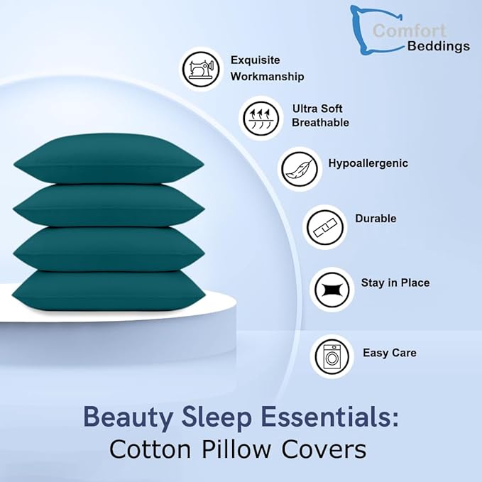 Comfort Beddings Standard Pillowcases Set of 4 – 100% Organic Cotton, 600 Thread Count Sateen, Soft & Comfy Pillow Covers with Envelope Closure, Teal Standard Size 20 x 26 Inches