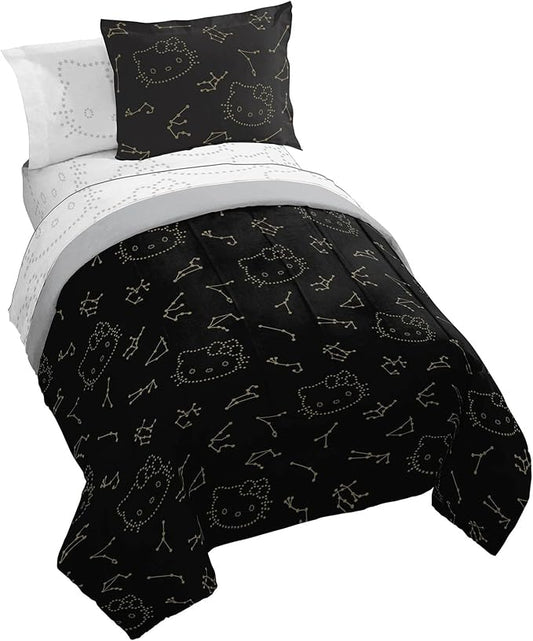 Jay Franco Hello Kitty Stars Twin Comforter Set - 5 Piece Bedding Includes Sheet Set & Pillow Covers - Super Soft Zodiac Black & Gold Bedding
