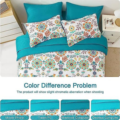 DHSFKBE Boho Comforter Set Twin - 5 Pieces Bed in a Bag Floral Medallions Design, Bohemian Comforter Set with Sheets, Soft Microfiber Complete Bedding Sets All Season (Teal Blue, Twin)