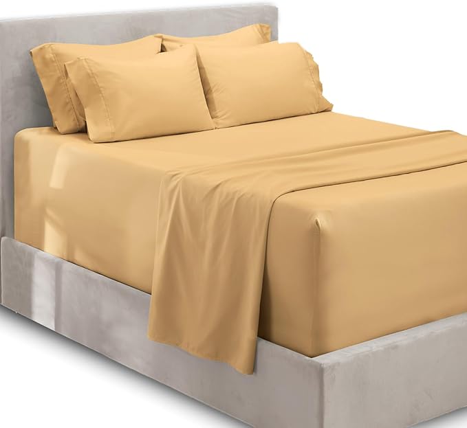 Hearth & Harbor Bed Linen Set - Twin Size - 4 Piece - Microfiber - Deep Pocket - Camel