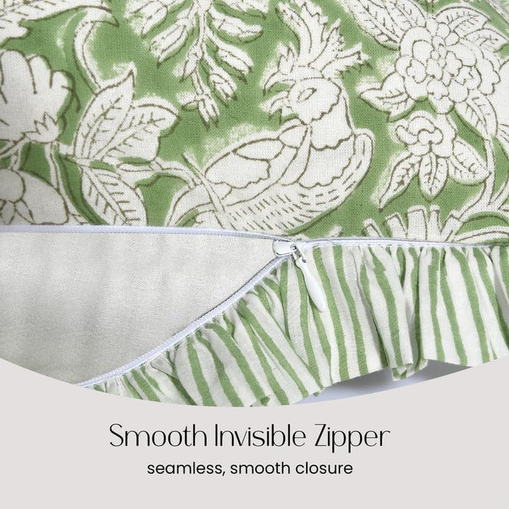 CPC Block Print Olive Green Ruffle Cotton Lumbar Pillow Cover 12x20 inch
