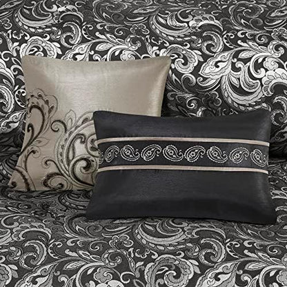 Madison Park Essentials Brystol 24 Piece Room in a Bag Faux Silk Comforter Jacquard Paisley Design Matching Curtains Down Alternative All Season Bedding-Set, Queen(90 in x 90 in), Black 24 Piece