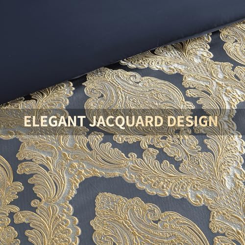 Bedduvit Luxury 7 Piece King Comforter Set - Vintage Damask Jacquard Design Bed in Bag King, All Season Navy Blue and Gold Down Alternative Thick Bedding Set with Bed Skirt, Decorative Pillows, Shams