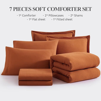WRENSONGE California King Size Comforter Sets, 7 Pieces Soft Burnt Orange Fall Bed in a Bag with Fitted Sheet, Flat Sheet, 2 Pillow Shams, 2 Pillowcases, Warm Bedding Sets for All Seasons