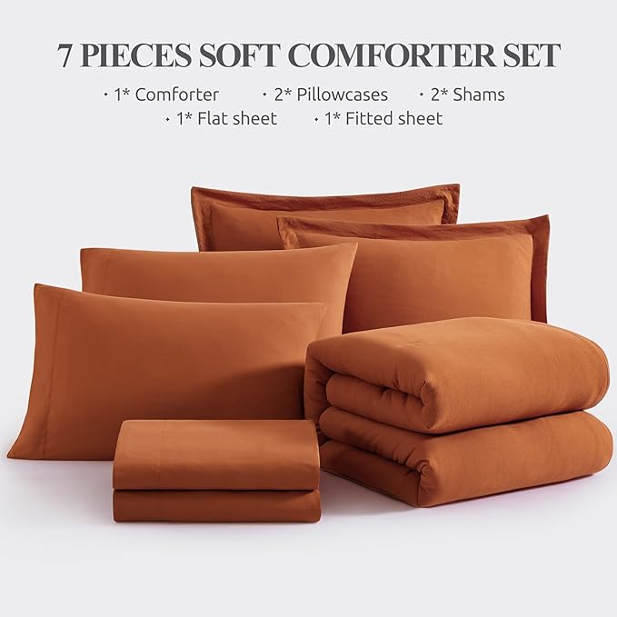 WRENSONGE Full Size Comforter Sets, 7 Pieces Soft Burnt Orange Fall Bed in a Bag with Fitted Sheet, Flat Sheet, 2 Pillow Shams, 2 Pillowcases, Warm Bedding Sets for All Seasons