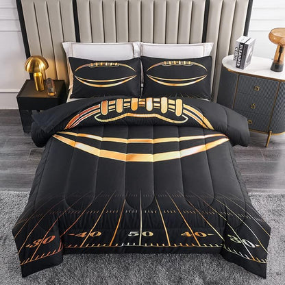 Kids Football Bedding Set - Full Comforter with Pillowcases, Black and Gold, 100% Microfiber, 3 Piece Set, Boys and Girls