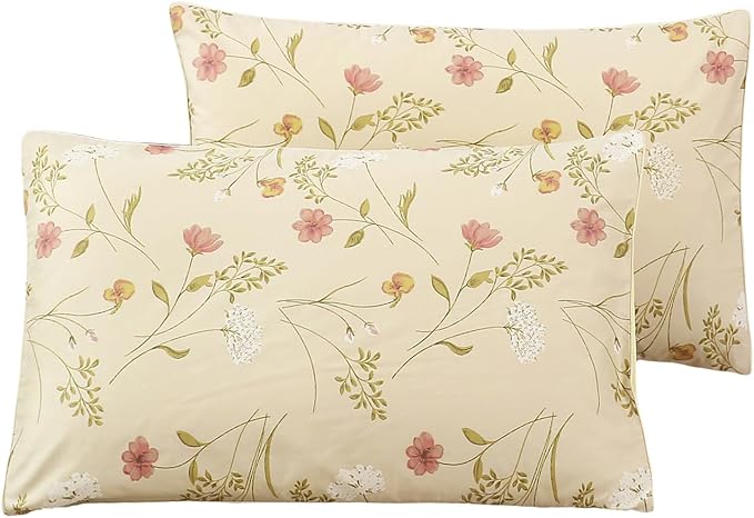 WINLIFE 100% Cotton Pillowcases Set of 2 Garden Flowers Printed Pillow Cases Soft and Breathable Pillow Cover (Queen 20x30'', Beige Floral)
