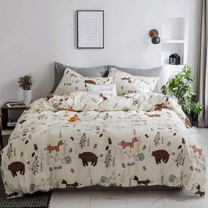 Houseri Beige Bear Comforter Set Twin Size 3 Pieces Toddler Girls Boys Woodland Theme Cartoon Bedding Sets Ultra Comfy Fox Rabbit Forest Animal Print Breathable Soft Bed Quilt Blanket Twin Kids Gift