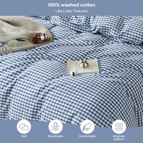 SAPHREAS Gingham Duvet Cover Set King Size, 100% Washed Cotton Linen Like Plaid Comforter Cover with Zipper Closure & Corner Ties (No Comforter), 104x90 Navy