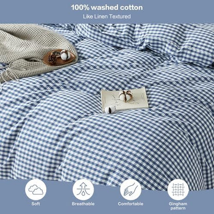 SAPHREAS Gingham Duvet Cover Set King Size, 100% Washed Cotton Linen Like Plaid Comforter Cover with Zipper Closure & Corner Ties (No Comforter), 104x90 Navy