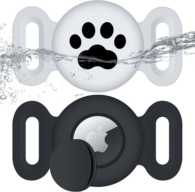 Waterproof Pouch for Airtag (2 Pack), Protective Anti-Lost Case Compatible with Airtag for Pets, Silicone Cat Collar Holder for GPS Tracker (Black/White)