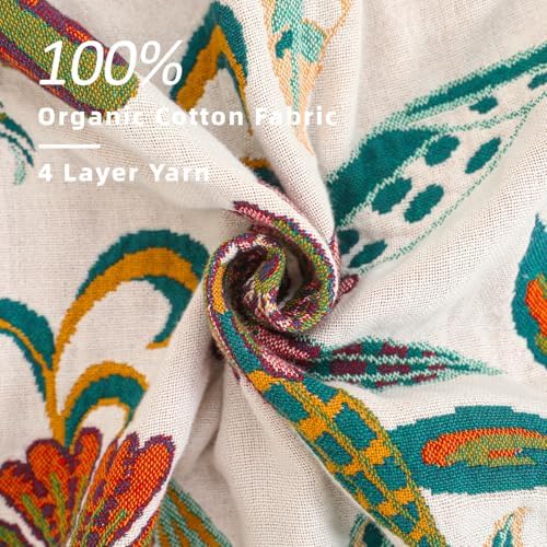 VANJOROY King Boho Throw Blanket for Bed, 100% Cotton Muslin Soft Throw-Floral Farmhouse Rustic Decor Blanket for Couch Sofa Quilt and Gift, 91" x 98"-BeigeWhite