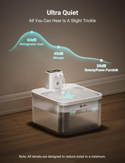 DownyPaws Cat Water Fountain Cordless, Pet Fountain, 84oz/2.5L, White | Wireless Cat Drinking Water Fountains for Cats Indoor, Fursink , Battery Operated, Motion Sensor, Ultra Quiet Pump, BPA-Free