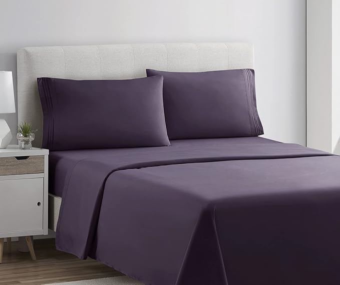 Clara Clark Bed Sheets, Premier 1800 Series 4 Piece Bed Sheet Set, Deep Pocket, Wrinkle, Fade, Stain Resistant, Luxury Soft Bedding Sheets & Pillowcases, Split King, Purple Eggplant