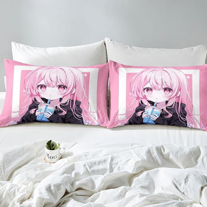 Erosebridal 3D Japanese Queen Bed Sheets Anime Girl Drinking Milk Tea Fitted Sheet,Cute Kawaii Girly Kids Bedding Sets Modern Fashion Aesthetic Sheets with 2 Pillowcases