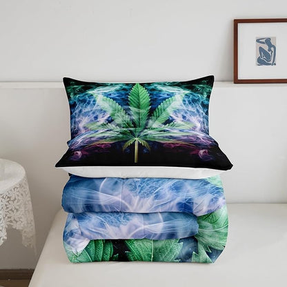 Castle Fairy Marijuana Leaf Bedding Set King Size Misty Cannabis Leaf Comforter Set for Girls Boys Teens Room Decor Wild Weed Plant Down Comforter Gothic Nature Plants Quilt Set with 2 Pillowcases