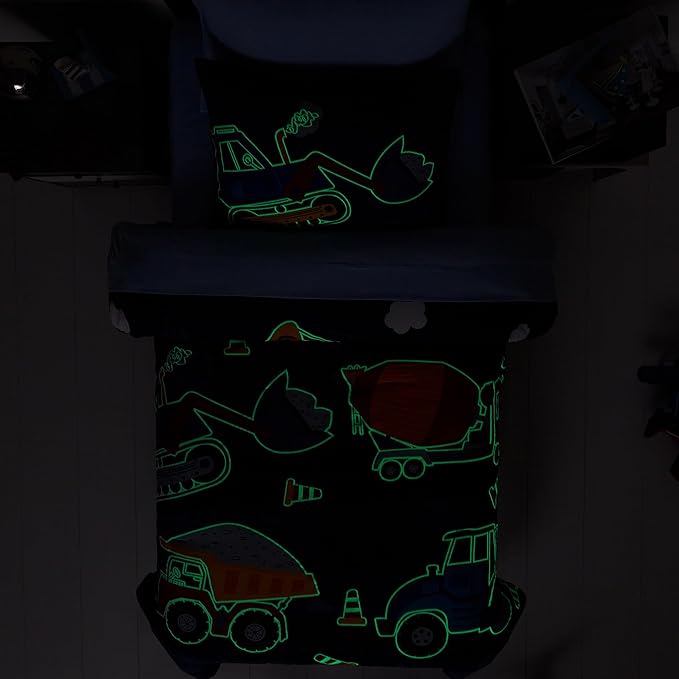 Twin Kids Comforter Set - 5 Pieces Twin Bedding Sets for Boys Teen, Glow in The Dark Truck Tractor Excavator Bed in A Bag with Sheets