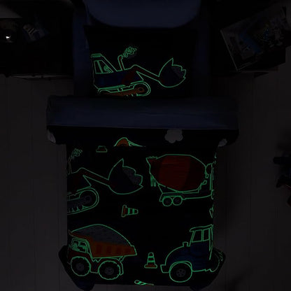 Twin Kids Comforter Set - 5 Pieces Twin Bedding Sets for Boys Teen, Glow in The Dark Truck Tractor Excavator Bed in A Bag with Sheets