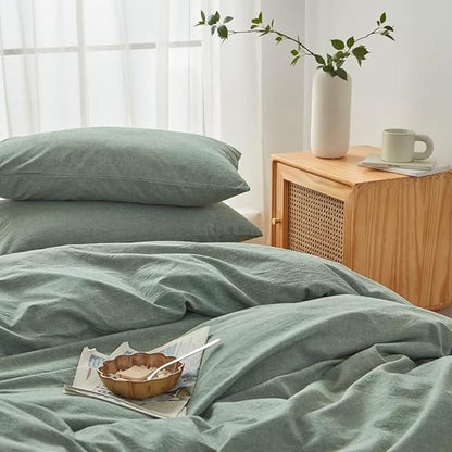 FACE TWO FACE Bedding Duvet Cover Set100% Washed Cotton Duvet Cover Linen Like Textured Breathable Durable Soft Comfy (King, Reversible Green)