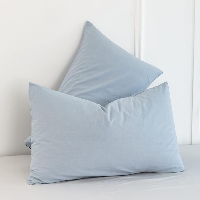 MooMee Bedding Pillowcases Pack of 2 100% Washed Cotton Linen Like Textured Breathable Durable Soft Comfy (Heathered Cornflower Blue, Queen)