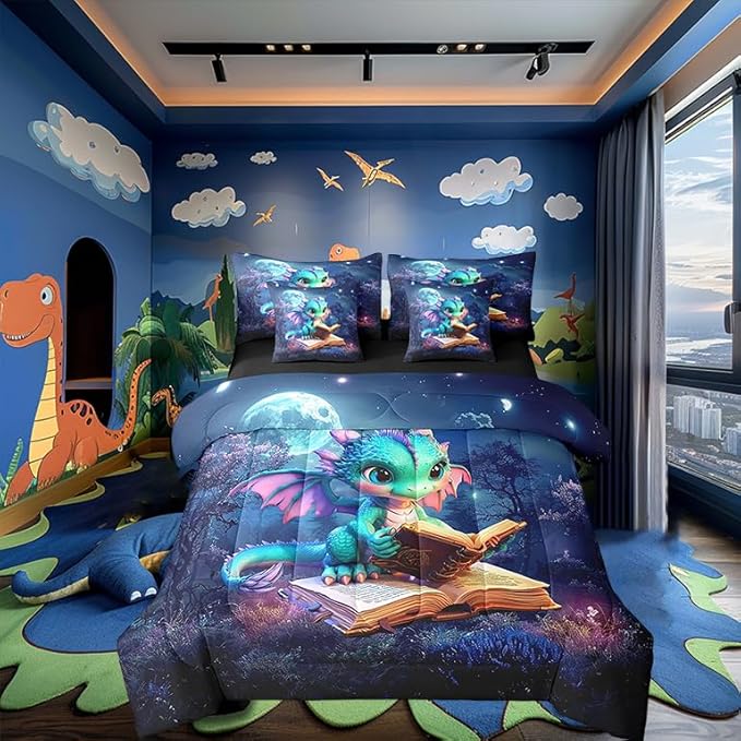 Castle Fairy Cartoon Dragon Bedding Set,Mysterious Jungle Moon Night Twin Comforter Set with Sheets for Kids Boys Girls Teens Room Decor,Western Animal Bed in a Bag 7 Piece for Bedroom Living Room