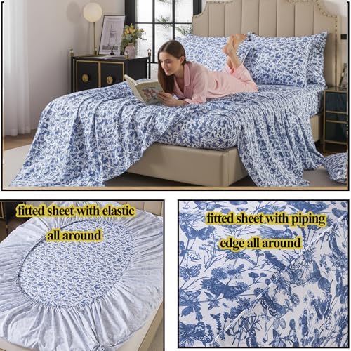 FADFAY Blue Toile Sheets Set Cal King French Country Farmhouse Bedding Vintage Butterfly Floral Bedding 100% Egyptian Cotton Soft Sheet Set with Deep Pocket Fitted Sheet 4Pcs, California King Size