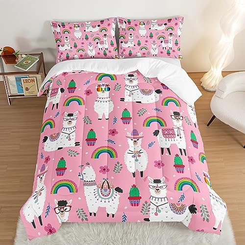 HOSIMA Kids Girls Pink Comforter with 2 Pillowcases,Cute Llama Alpaca Bed in a Bag Queen Comforter Set Animal Bedding Sets for Room Decor,Rainbow Cactus Flower Toddler Comforter Kawaii Bedding.