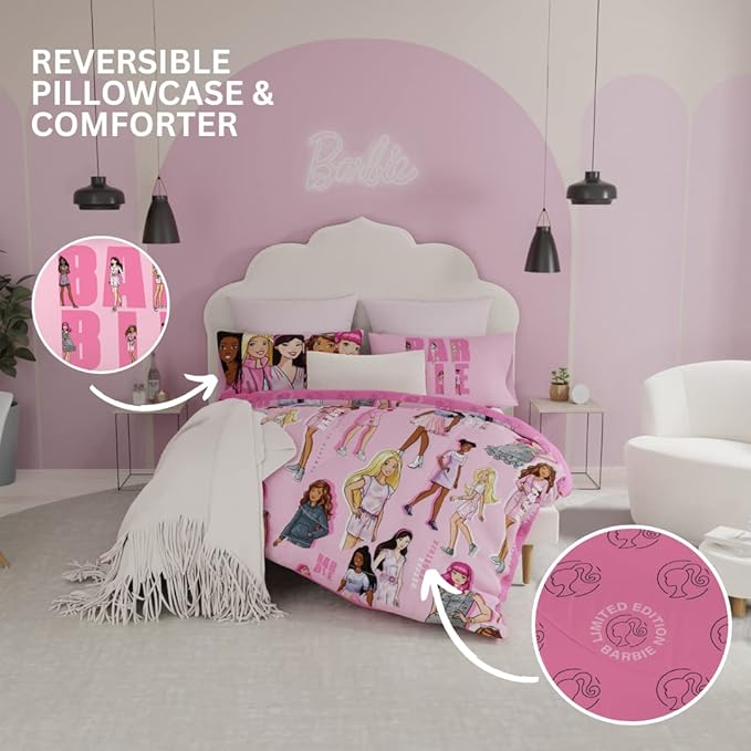 Franco Barbie Barbiecore Bedding Super Soft Comforter and Sheet Set with Sham, 7 Piece Full Size, (Official Licensed Product)